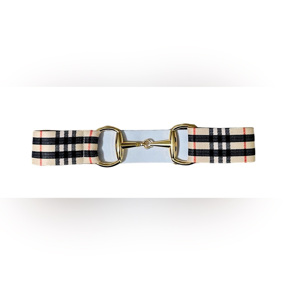 NWT Equestrian Snaffle Bit Belt Adjustable w/Stretch Tartan /Gold Buckle OSFM